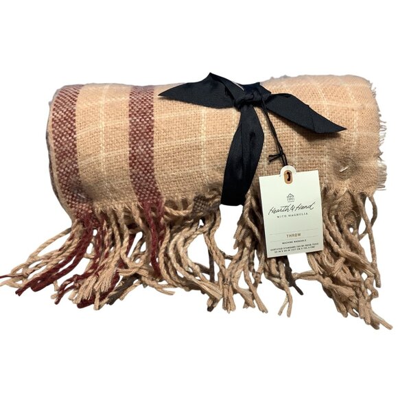 Hearth & Hand With Magnolia Tan & Red Plaid Throw Blanket With Fringe 60"x50" - Picture 3 of 5